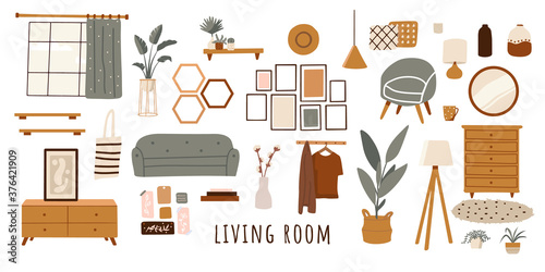 Trendy scandinavian hygge interior, boho style. Sofa, wardrobe, mirror, armchair, plant, lamp, home decorations. Cozy Interior living rooms or apartments furniture set. Flat vector illustration bundle