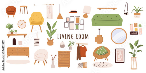 Trendy scandinavian hygge interior, boho style. Sofa, wardrobe, mirror, armchair, plant, lamp, home decorations. Cozy Interior living rooms or apartments furniture set. Flat vector illustration bundle