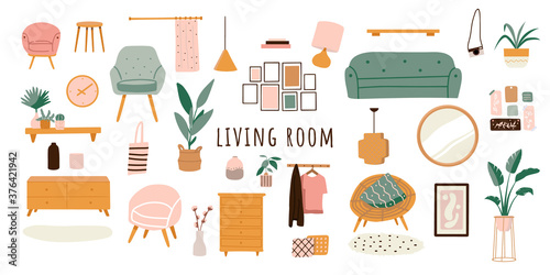 Trendy scandinavian hygge interior, boho style. Sofa, wardrobe, mirror, armchair, plant, lamp, home decorations. Cozy Interior living rooms or apartments furniture set. Flat vector illustration bundle