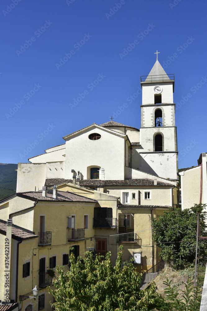 Panoramic view of Calvello, an old town in the mountains of the Basilicata region, Italy.