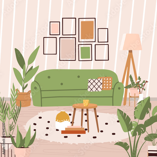 Scandinavian hygge style interior with comfy furniture and home decorations set. Cozy living rooms or apartments with sofa, plant, lamp, carpet, home elements. Flat vector illustration bundle
