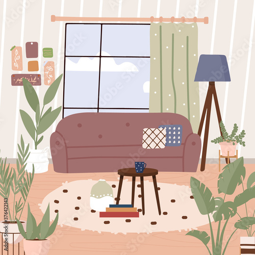 Scandinavian hygge style interior with comfy furniture and home decorations set. Cozy living rooms or apartments with sofa, plant, lamp, carpet, home elements. Flat vector illustration bundle