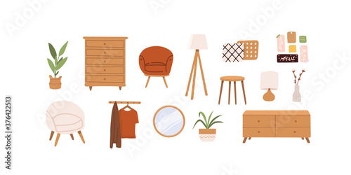 Trendy scandinavian hygge interior, boho style. Sofa, wardrobe, mirror, armchair, plant, lamp, home decorations. Cozy Interior living rooms or apartments furniture set. Flat vector illustration bundle