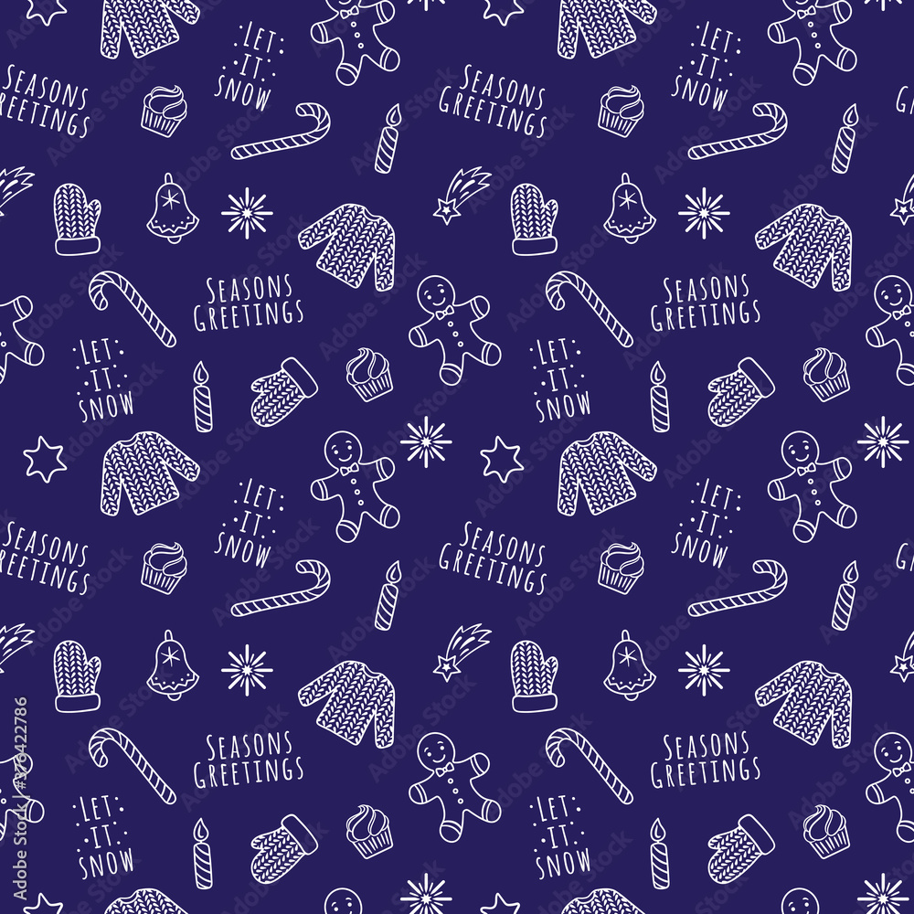 Vector white linear cartoon Christmas and New Year seamless pattern with sweater, mitten, snowflakes, gingerbread man
