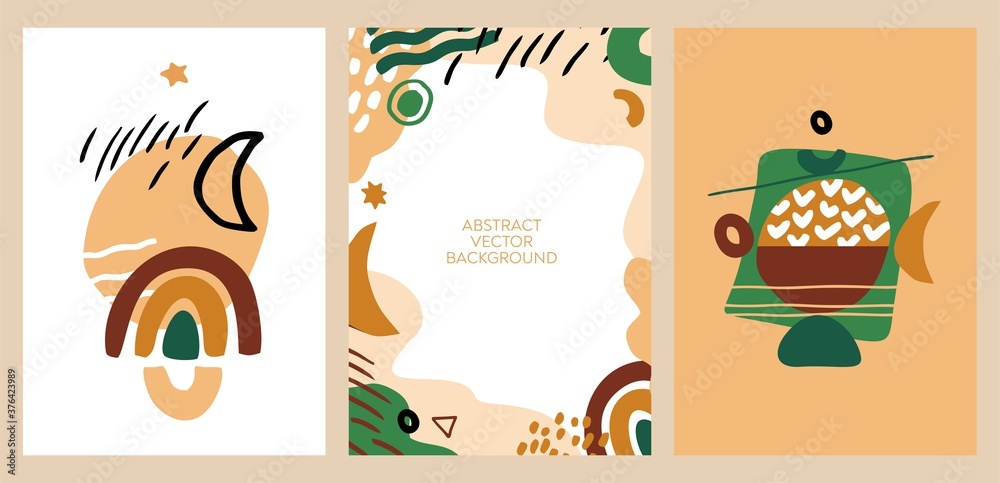 Set of vertical trend posters in Bono aesthetics. Cut shapes, abstract shapes, brushstrokes, strokes isolated on white. Background template for invitations in vintage style. Flat vector illustration.
