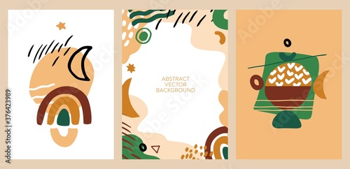 Set of vertical trend posters in Bono aesthetics. Cut shapes, abstract shapes, brushstrokes, strokes isolated on white. Background template for invitations in vintage style. Flat vector illustration. 