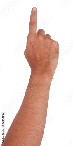 Male asian hand gestures isolated over the white background. Pointing Action.
