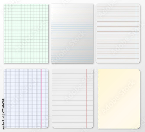 Set of note, notebook lined, squared paper stuck on grey background. Vector illustration