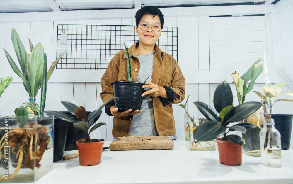 Smiling asian man taking care of plant .hobby at home Smiling asian man taking care of plant .hobby at home