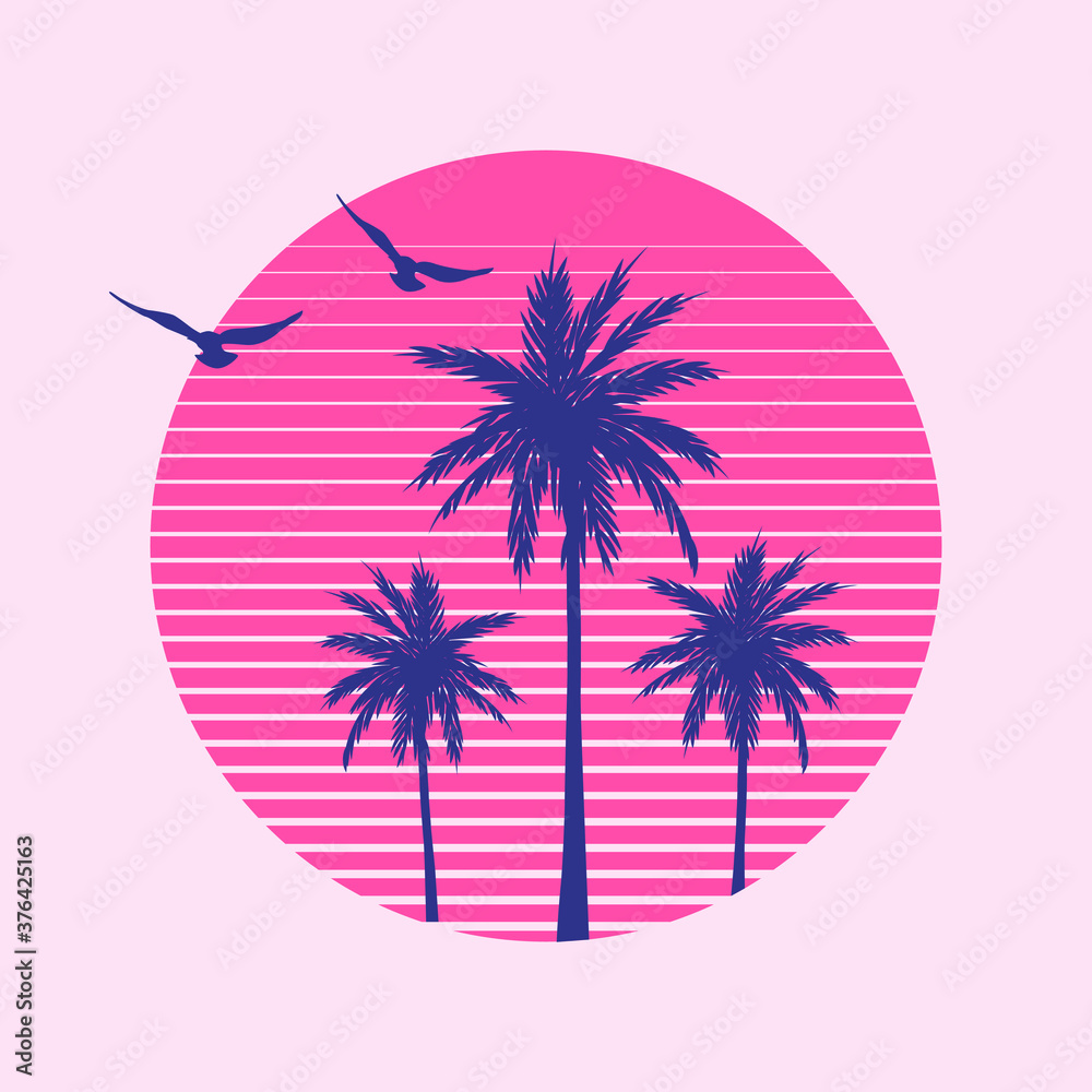 Naklejka premium Ilustracja wektorowa z palmami, zachodem słońca i ptakami do nadruku na koszulce | Letnia grafika Miami Vibes