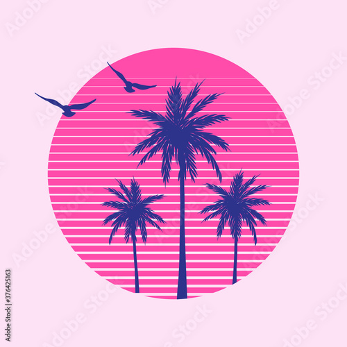Vector Illustration With Palms, Sunset and Birds for T-Shirt Print | Miami Vibes Summer Graphic