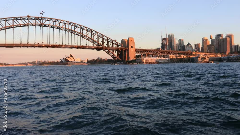 Blues point in Sydney city – sunset slow panning over Harbour in 4k.
