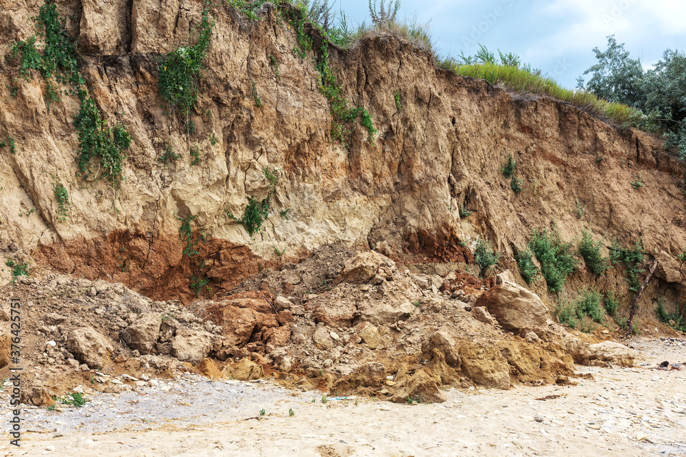 Landslide zone on Black Sea coast. Rock of sea rock shell. Zone of natural disasters during rainy season. Large masses of earth slip along slope of hill, destroy houses. Landslide - threat to life Landslide zone on Black Sea coast. Rock of sea rock shell. Zone of natural disasters during rainy season. Large masses of earth slip along slope of hill, destroy houses. Landslide - threat to life