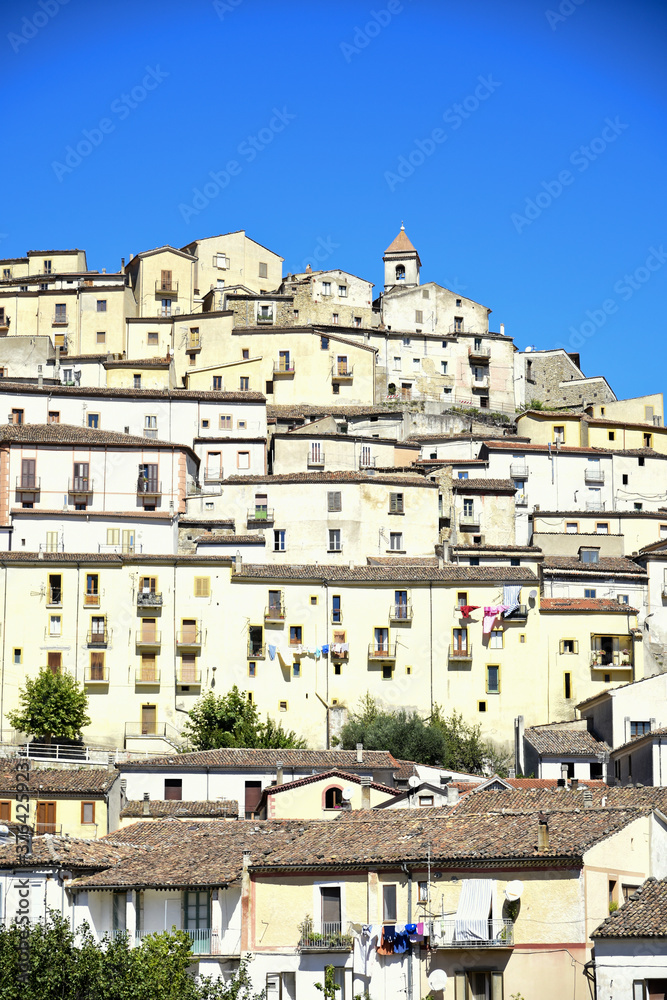 Panoramic view of Calvello, an old town in the mountains of the Basilicata region, Italy.