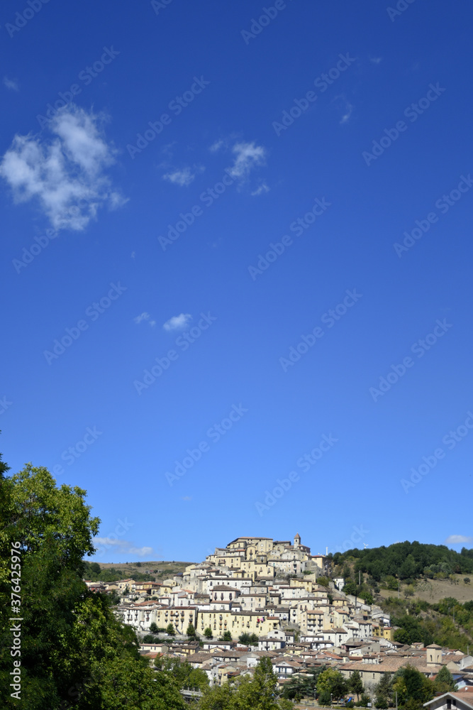 Panoramic view of Calvello, an old town in the mountains of the Basilicata region, Italy.