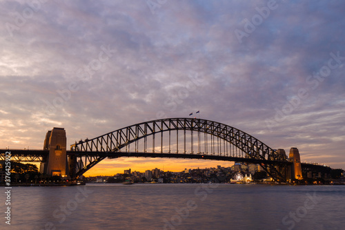 Cloudy dusk view over Sydney Harbour Bridge.