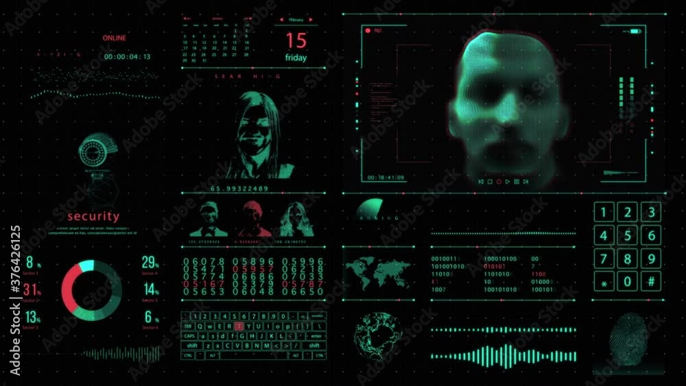Futuristic HUD security panel running facial recognition software with corresponding data metrics