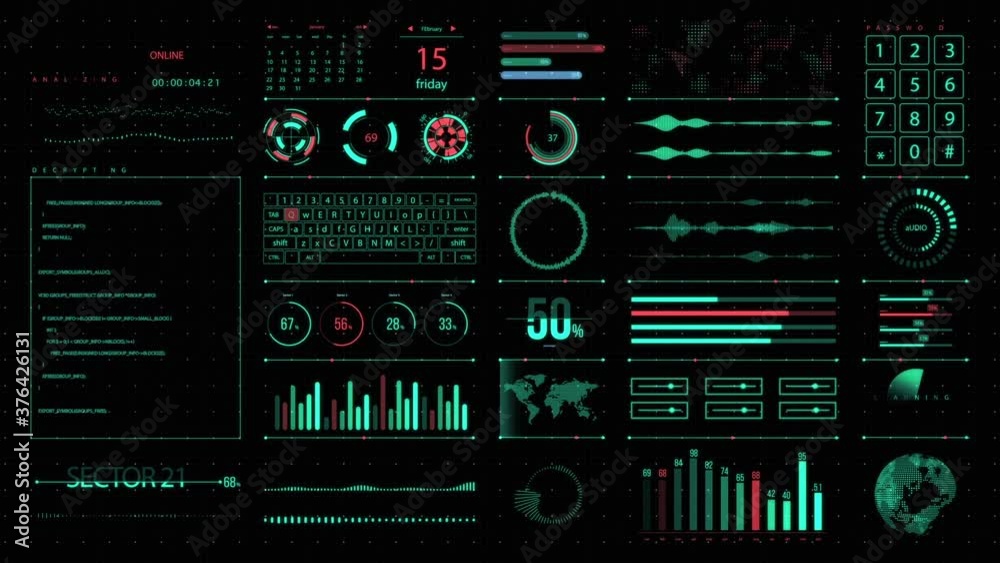 Futuristic digital HUD interface with general communications and measurement displays Futuristic digital HUD interface with general communications and measurement displays
