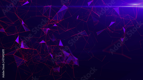 Purple abstract technology modern background with spotted particles and plexus connected triangle lines. 3D rendering.