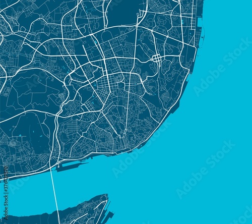 Detailed map of Lisboa city, linear print map. Cityscape panorama.