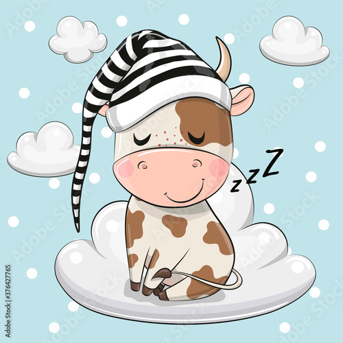 Cartoon Bull is sleeping a on the Cloud