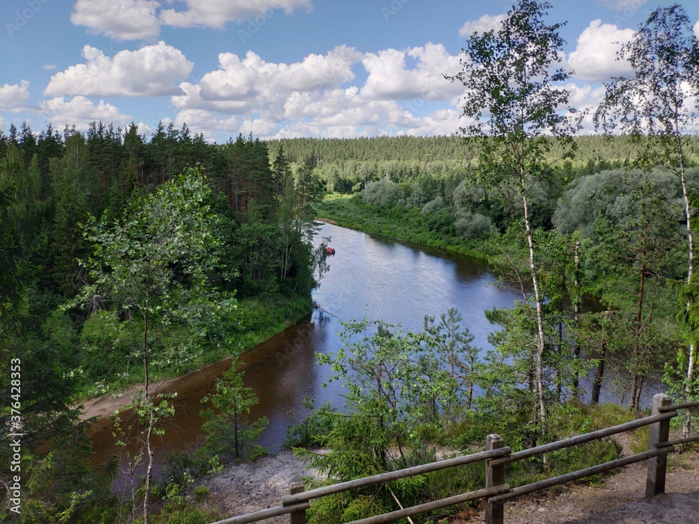 Fototapeta premium View of Gauja river from top of Sandstone cliffs. Erglu Cliffs (Ērgļu klintis), on the bank of the Gauja river. Gauja National park