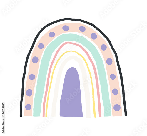 Cute childish illustration with abstract full color rainbow. Striped arc in vintage pastel colors. Simple vector illustration clipart isolated on white background.