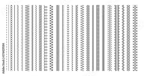 Vector sewing machine stitches. Seamless sewing seam lines pattern for fabric structure. Embroidery cloth edge texture. Stitching seams, stitched sew isolated on white background. Fashion seam brush
