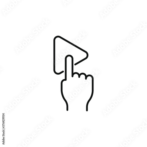 Finger click the play button line icon isolated on white background. Vector illustration