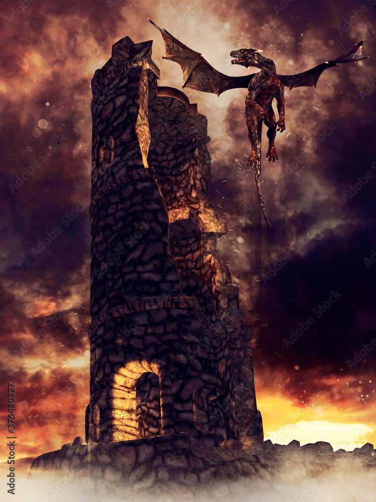 Dark fantasy scene with a ruined tower and a dragon flying next to it. 3D render.