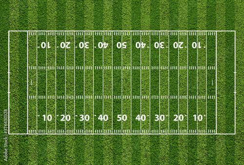 American football field with hash marks and yard lines. Grass textured