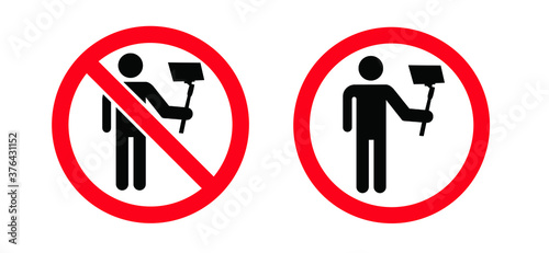 No Selfies Day. Stop no Selfie stick sign. Forbid No camera zone or photo prohibition signs. Do not with mobile phone camera, smartphone tablet a family portrait area. Self pictures not allowed