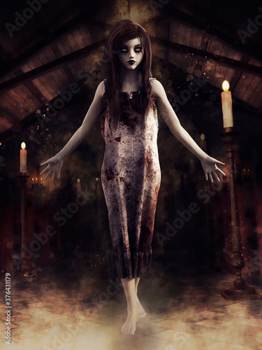 Spooky ghost of a young girl in an old church at night. 3D render. The model in the image is a 3D object.
