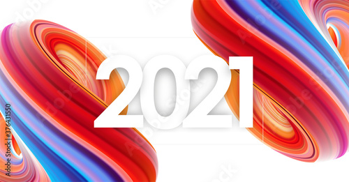 Happy New Year 2021. Greeting card with colorful abstract fluid twisted shape. Trendy design
