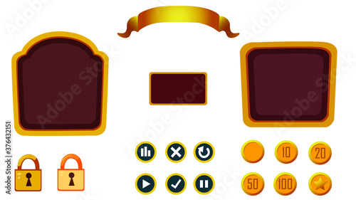 Game pop-up window with main menus, panel, buttons, coins, locks, etc.  Set of gaming interface elements, Gaming UI Kit