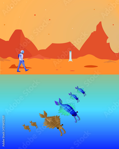 Martian life underwater vector illustration   Astronaut and starship on red planet mars with martian life underwater   Alien life underwater on an alien planet