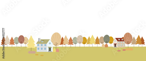 landscape illustration of a city lined with autumn trees.