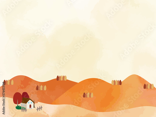 Landscape illustration of autumn mountains and houses.