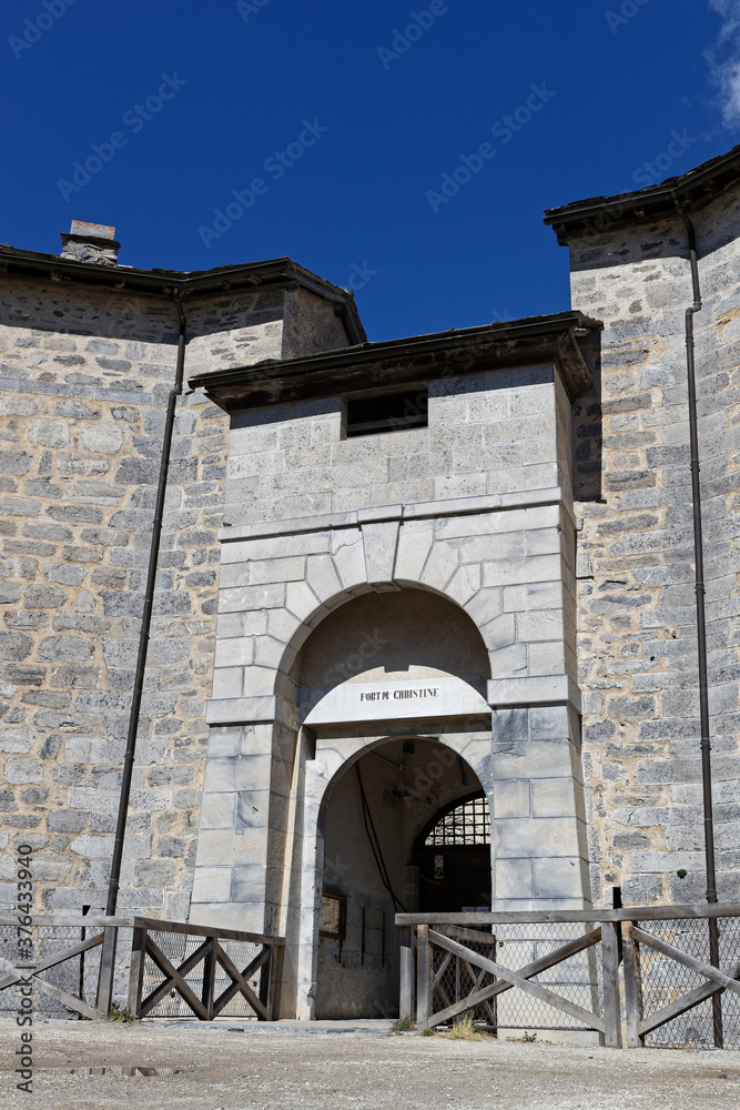 Fort Marie-Christine entrance in Aussois. Formerly in the heart of the Savoyard defensive system, this imposing fort now welcomes tourists and gourmets. Fort Marie-Christine entrance in Aussois. Formerly in the heart of the Savoyard defensive system, this imposing fort now welcomes tourists and gourmets.
