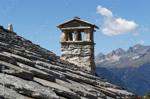Old village house roof in Aussois. Although not as well known as other resorts on the other side of Vanoise, it is popular for French as ski resort in winter and mountain destination in summer.