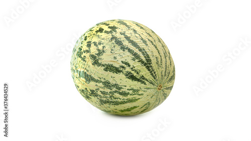 Striped melon on a white background. The unusual coloring of the melon. High quality photo