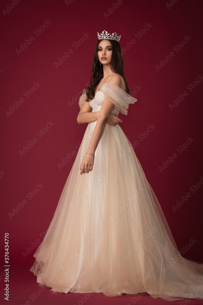 beautiful brunette girl with skillful makeup in a silver crown on a red background and a wedding dress beautiful brunette girl with skillful makeup in a silver crown on a red background and a wedding dress