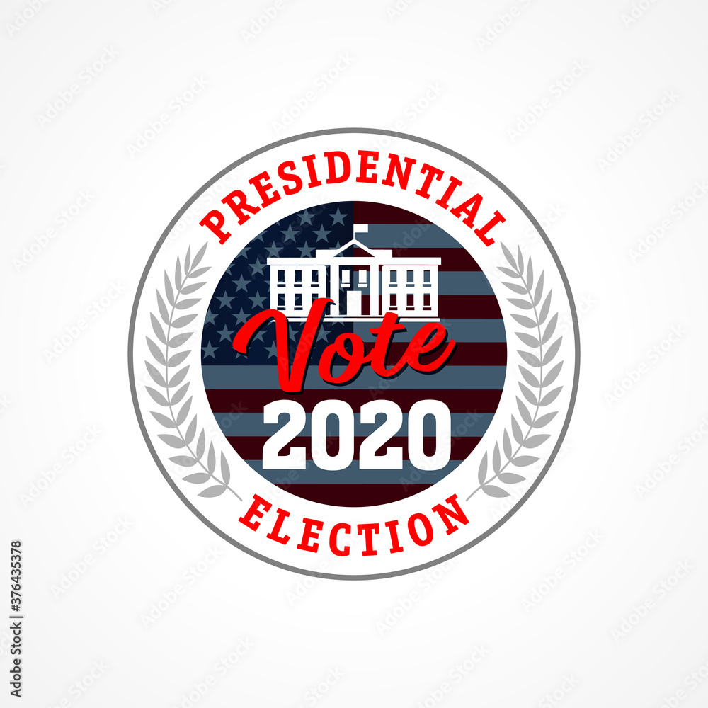 Presidential election USA vote 2020 emblem. Election Day amid American flag. Debate on the US presidential election. Election voting vector template