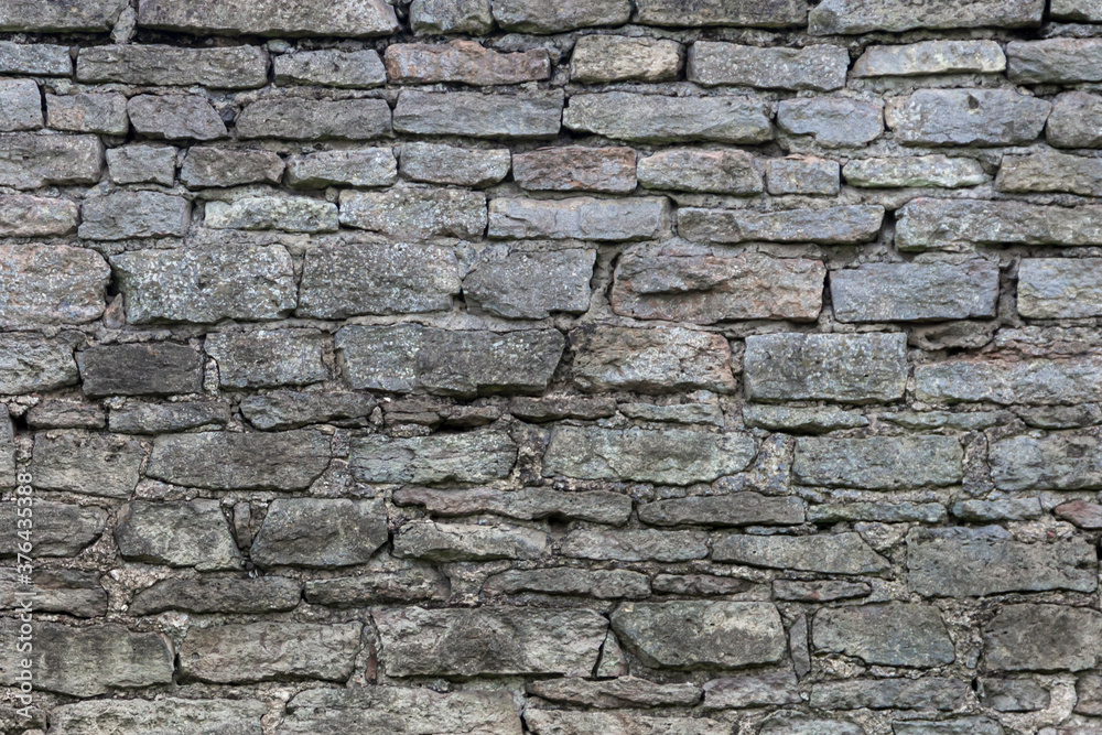 The surface of an old stone wall, masonry of uneven wild hewn stones.