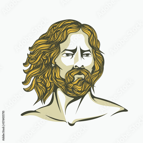 Man with long hair and beard.Handsome guy portrait.Male face.Blonde, wavy hairstyle.Hand drawn illustration isolated on light background.