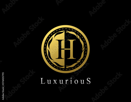 Luxury Circle H Letter Floral Design. Vintage Gold H Royal Logo Icon.