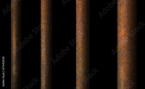 Dark background rusty prison bar. Black cell modern perspective iron interior, jail ward. Banner vector detailed illustration metal lattice. Detention centre cell metallic. Isolated freedom way