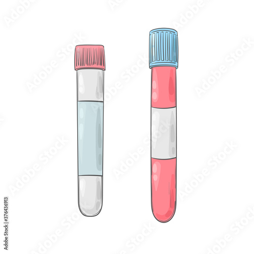 Laboratory test tube. Blood sample analysis. Covid-19 coronavirus protection and treatment. Medical doodles.