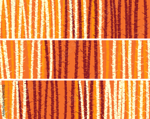 Set of horizontal autumn banners with stylized birch trunks without leaves.