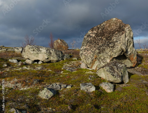 Autumn tundra . Huge stone . Storm clouds and moss. © Moroshka
